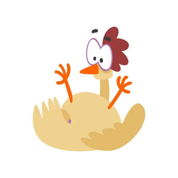 Drôle de poule est tombé sur son dos, bande dessinée poulet oiseau personnage avec de gros yeux vecteur Illustration sur un fond blanc — Image vectorielle