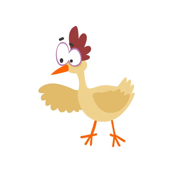 Drôle de poule pointant vers quelque chose, bande dessinée poulet oiseau personnage avec de gros yeux vecteur Illustration sur un fond blanc — Image vectorielle