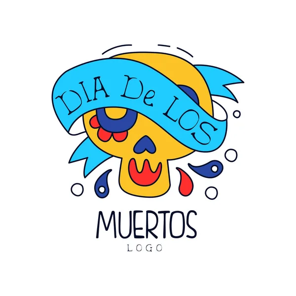 Dia De Los Muertos logotyp, traditionella mexikanska dagen av det döda designelementet med socker skalle, holiday part dekoration banner, gratulationskort hand dras vektor Illustration — Stock vektor