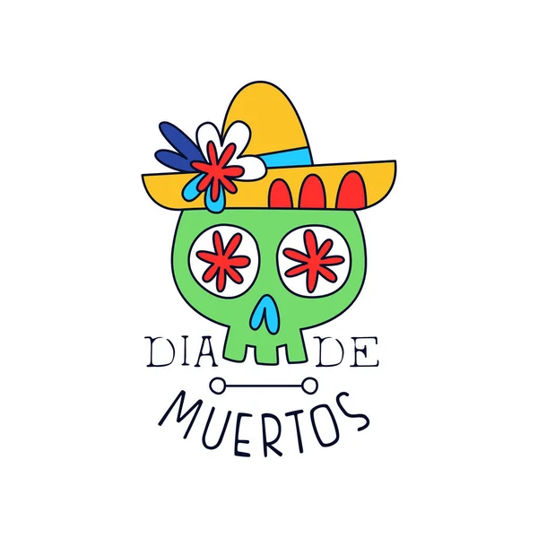 Logo Dia De Muertos, élément de design traditionnel mexicain de la fête des morts avec école de sucre dans un chapeau, bannière de décoration de fête, vecteur dessiné à la main par carte de vœux Illustration — Image vectorielle