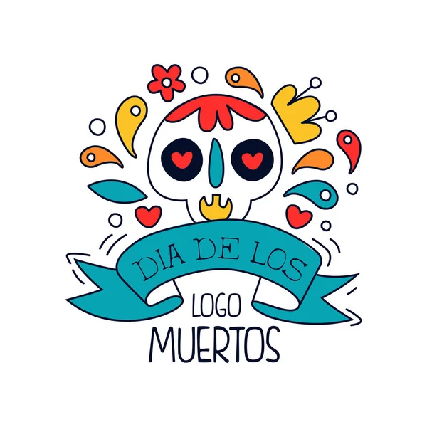 Dia De Los Muertos logotyp, traditionella mexikanska dagen av det döda designelementet med socker festliga skalle, holiday party banderoll, affisch, gratulationskort eller inbjudan hand dras vektor Illustration — Stock vektor