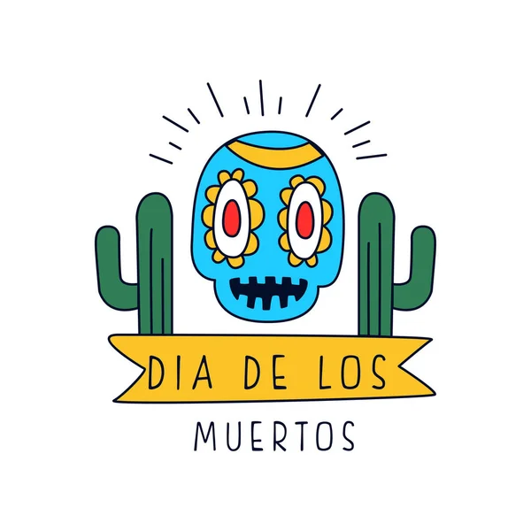 Логотип Dia De Los Muertos, традиционный мексиканский элемент дизайна Дня Мертвецов с сахарным черепом и кактусом, праздничный баннер украшения вечеринки, векторная иллюстрация от руки — стоковый вектор