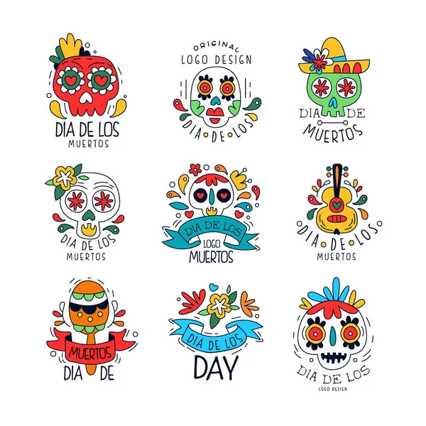 Conjunto de logotipo de Dia De Los Muertos, elementos de diseño de día de fiesta mexicana de los muertos se pueden utilizar para banner de fiesta, póster, tarjeta de felicitación o invitación vector dibujado a mano Ilustraciones — Archivo Imágenes Vectoriales