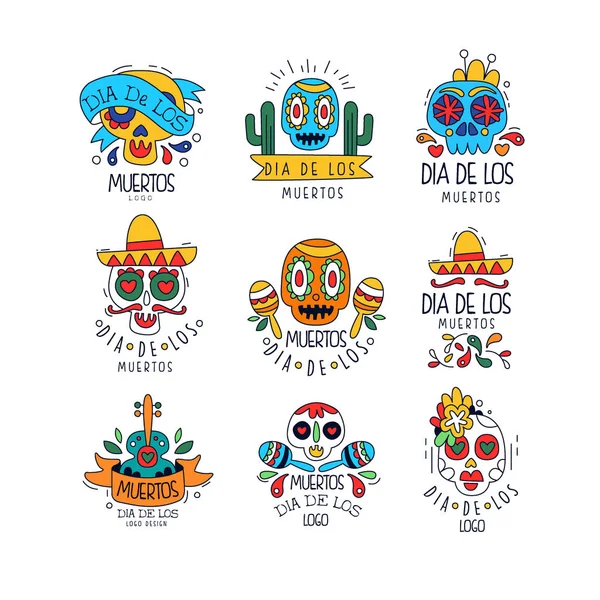 Conjunto de diseño del logo de Dia De Los Muertos, Día Mexicano de los Muertos, banner de fiesta, póster, tarjeta de felicitación o invitación vector dibujado a mano Ilustraciones — Archivo Imágenes Vectoriales