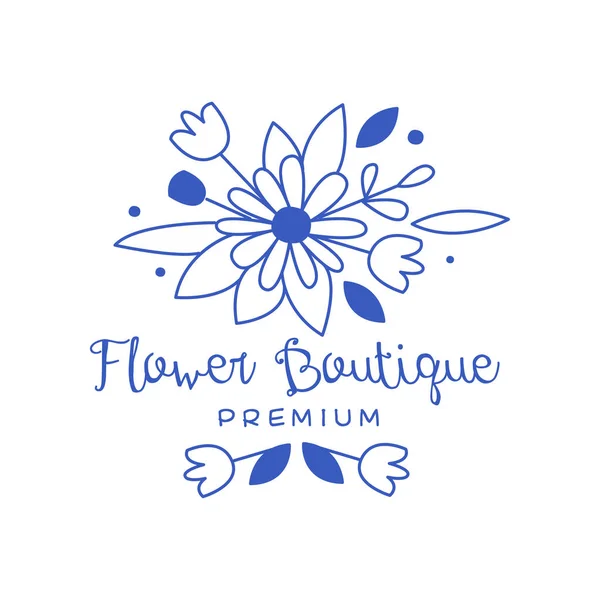 Logo premium desain butik bunga, lambang bunga, bunga, toko bunga Lencana tangan gambar vektor Ilustrasi warna biru pada latar belakang putih - Stok Vektor