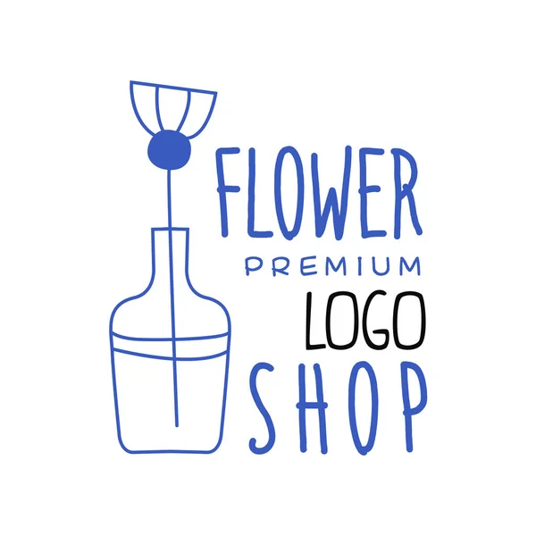 Bloemist winkel premie logo design hand getekende vector illustratie in blauwe kleur op een witte achtergrond — Stockvector