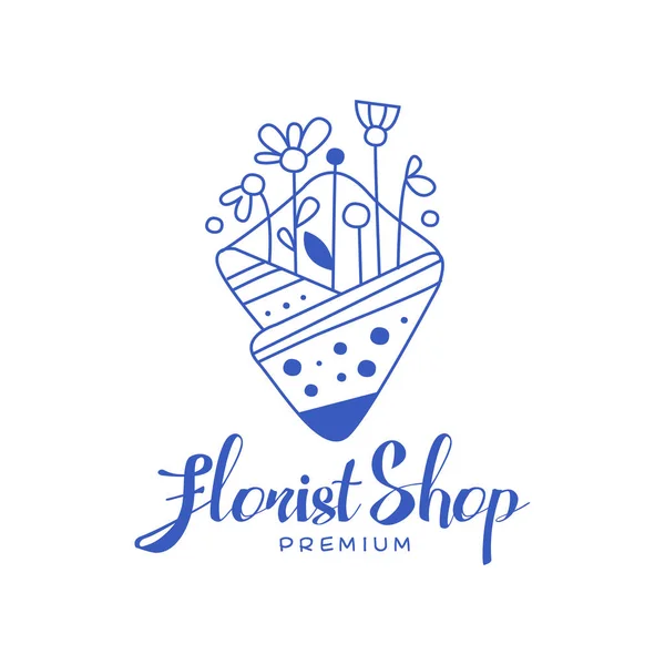 Premi toko bunga, elemen desain untuk butik bunga atau bunga Logo gambar tangan vektor Ilustrasi warna biru pada latar belakang putih - Stok Vektor