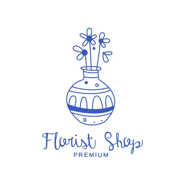 Fleuriste boutique logo premium, insigne pour boutique florale, fleuristes vecteur dessiné à la main Illustration en couleur bleue sur un fond blanc — Image vectorielle