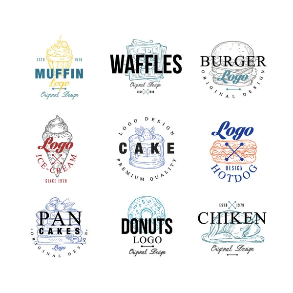 Conjunto de design de logotipo de comida, muffin, waffles, hambúrguer, bolo, cachorro-quente, panquecas, donut, chiken, emblemas de sorvete para café, restaurante, negócios de culinária, loja de alimentos, vetor de identidade da marca Ilustrações —  Vetores de Stock