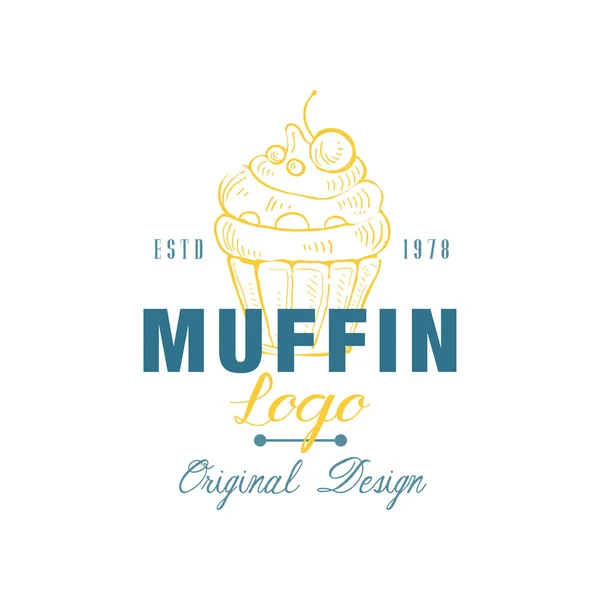 Muffin logo oorspronkelijke ontwerp estd 1978, embleem voor bakkerij winkel, café, restaurant, koken business, merkidentiteit vector illustratie op een witte achtergrond — Stockvector