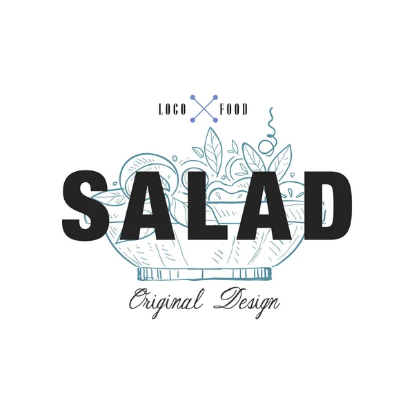 Diseño original del logotipo de la ensalada, emblema retro para la tienda de alimentos, cafetería, restaurante, negocio de cocina, vector de identidad de marca Ilustración sobre un fondo blanco — Vector de stock