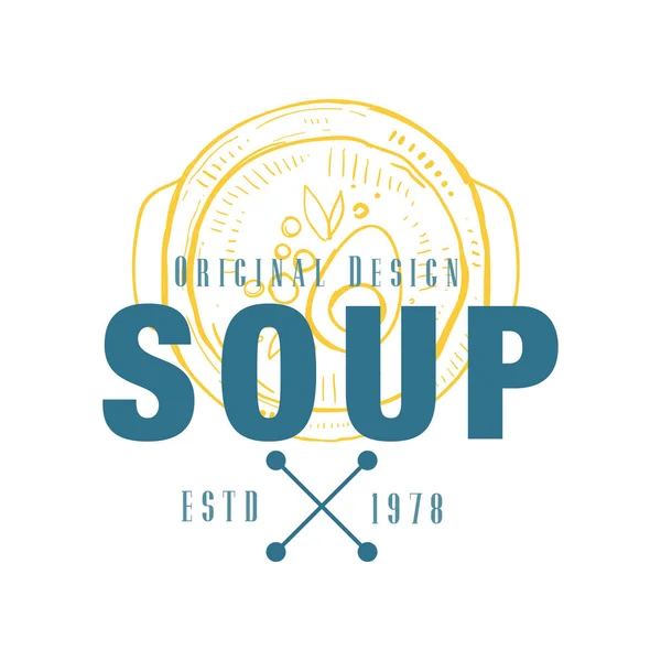 Logotipo de sopa diseño original estd 1978, emblema retro para tienda de alimentos, cafetería, restaurante, negocio de cocina, vector de identidad de marca Ilustración sobre un fondo blanco — Vector de stock
