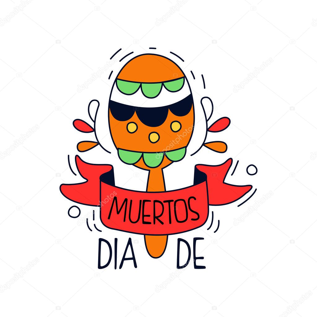 Dia De Los Muertos logo, traditional Mexican Day of the Dead design element with maraca, holiday party banner, poster, greeting card or invitation hand drawn vector Illustration