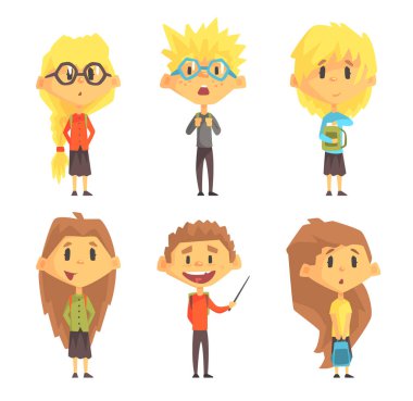 Komik Okul çocuklarında düz vektör kümesi. Kitap, eller ve sırt çantaları omuzlarına çocuklarla. Sevimli erkek ve kız rahat kıyafetler içinde