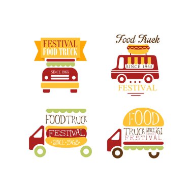 Yemek kamyon Festivali için logo şablonlar kümesi. Hamburger ve sosisli sandviç ile renkli vektör Amblemler. Sokak yeme