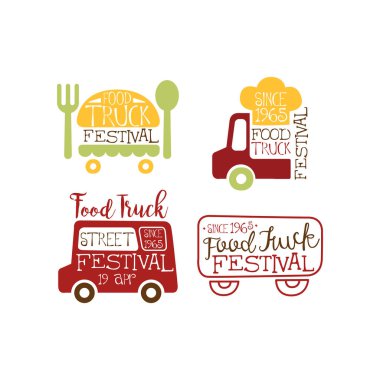 Yemek kamyon Festivali için yaratıcı Amblemler kümesi. Fast food ve sokak tema. Renkli logo şablonlar. Reklam afiş veya poster için tasarım. Beyaz arka plan üzerinde izole orijinal vektör çizimler