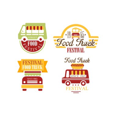 Renkli gıda kamyon Amblemler logolar yazı ile vektör kümesi. Sokak snack. Reklam afiş veya el ilanı Festivali için yaratıcı tasarım