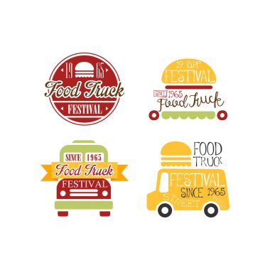Yemek kamyon Festivali için özgün Amblemler kümesi. Sokak kafe. Fast food tema. Promo başlık sayfası veya poster için yaratıcı vektör tasarımı
