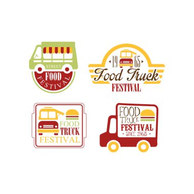 Vektör yemek kamyon Festivali renkli logo şablonları ayarlayın. Seyyar Burger Cafe. Sokak yeme