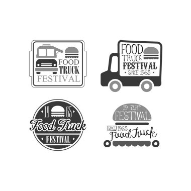 Vektör 4 logo şablonlar gıda kamyon kafe için ayarlayın. Seyyar Burger Cafe. Yaratıcı tek renkli amblem
