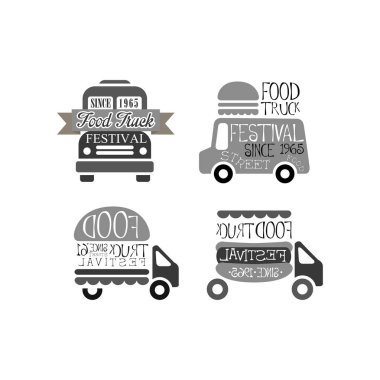 Vektör yemek kamyon Festivali için orijinal logo şablonları ayarlayın. Sokak yeme. Amblem vans, şerit, sosisli sandviç ve hamburger ile