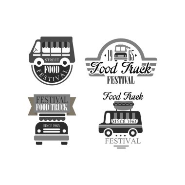Yemek kamyon Festivali için orijinal logo şablonlar kümesi. Tek renkli vektör Amblemler Vanlar ve yazı ile