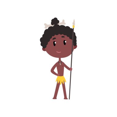 Avustralya ya da Afrika yerli çocuk çocuk çizgi film karakteri geleneksel kostüm vektör çizim beyaz zemin üzerine Ulusal giysiler içinde