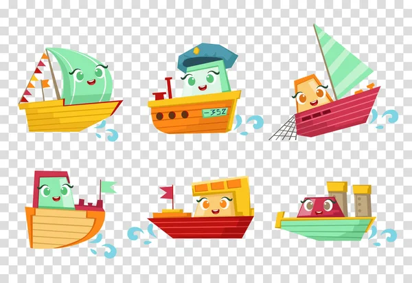 Flache Vektor-Set von Meeresschiffen mit entzückenden Gesichtern. kleine Holzschiffe und Segelboote. Elemente für Kinderbuch oder Handyspiel — Stockvektor