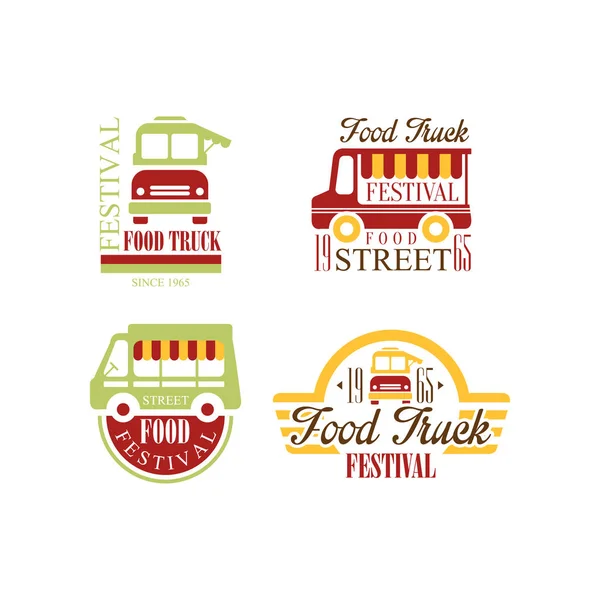 Set vettoriale di loghi colorati per il festival del food truck. Fast food di strada. Emblemi originali con testo per poster promozionali, banner o volantino — Vettoriale Stock