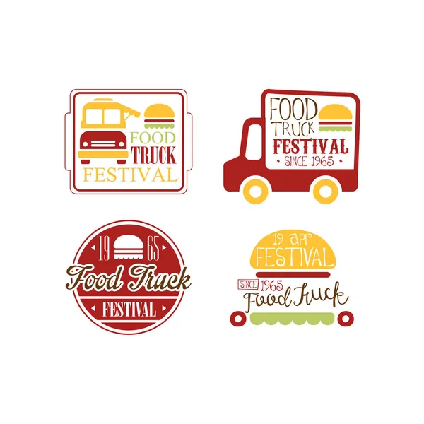 Conjunto vectorial de logotipos de colores brillantes para el festival de camiones de comida. Emblemas creativos con hamburguesas y furgonetas. Diseño para pegatina o folleto promocional — Vector de stock