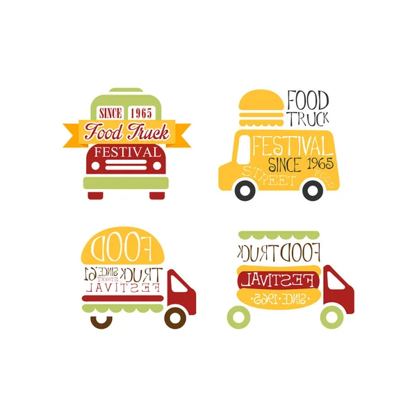 Set of abstract logo templates for food truck festival. Street eating. Bright-colored vector emblems with burger, hot dog and vans — Stock Vector