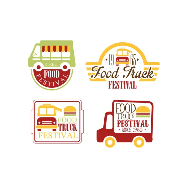 Set vettoriale di modelli di logo colorati per il festival del food truck. Burger cafè su ruote. Mangiare in strada — Vettoriale Stock