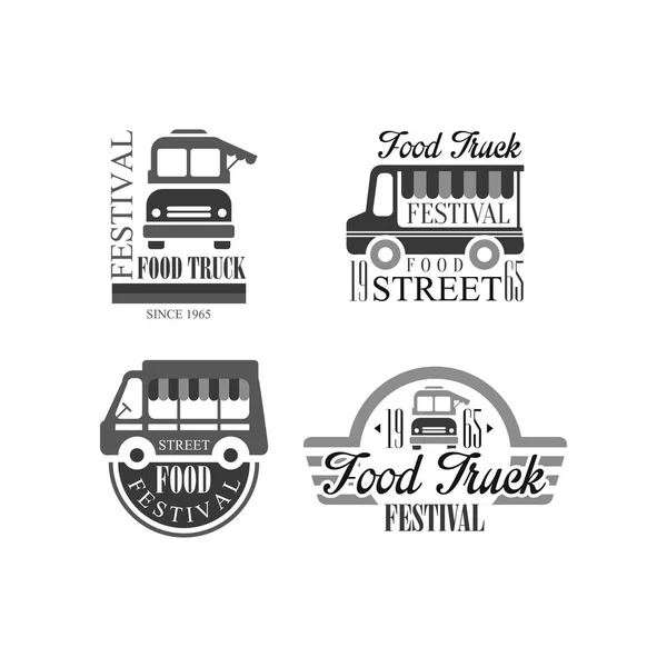 Set vettoriale di emblemi e distintivi per il festival del food truck. Modelli originali di logo monocromatico con furgoni e scritte. Fast food di strada — Vettoriale Stock