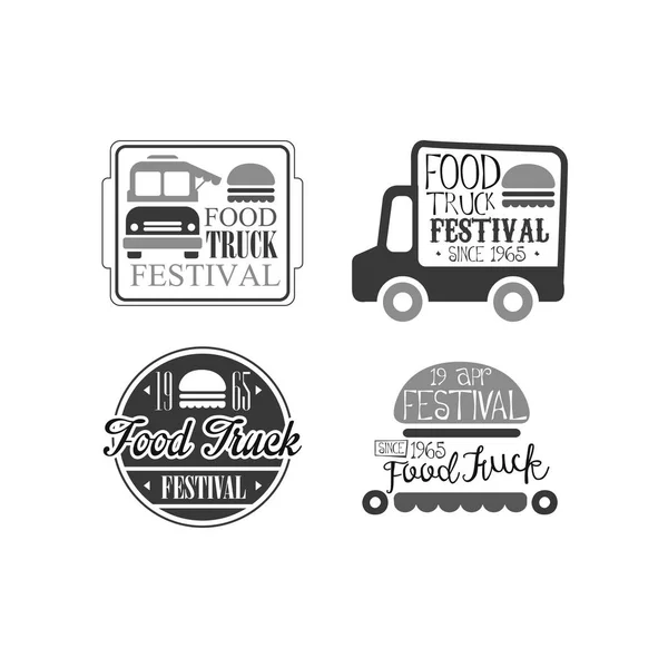 Set vettoriale di 4 modelli di logo per food truck cafè. Burger cafè su ruote. Emblemi monocromatici creativi — Vettoriale Stock