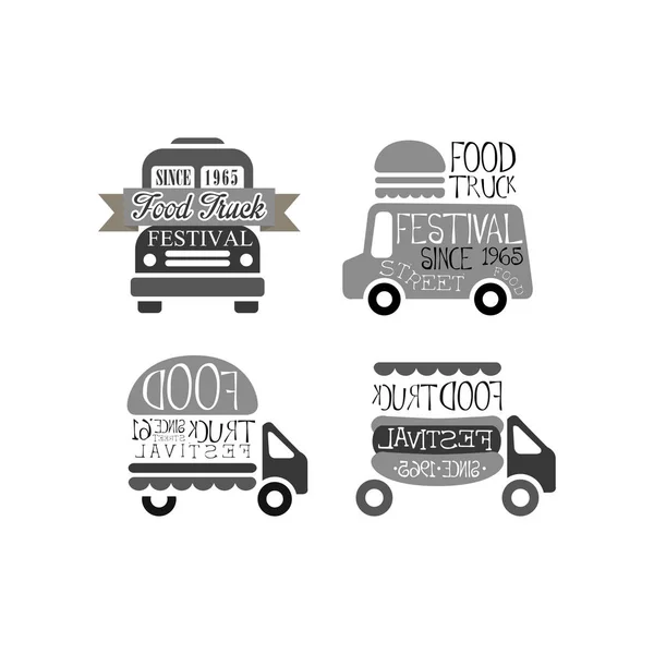 Conjunto vectorial de plantillas de logotipo originales para el festival de camiones de comida. Comida callejera. Emblemas con furgonetas, cinta, hot dog y hamburguesas — Vector de stock