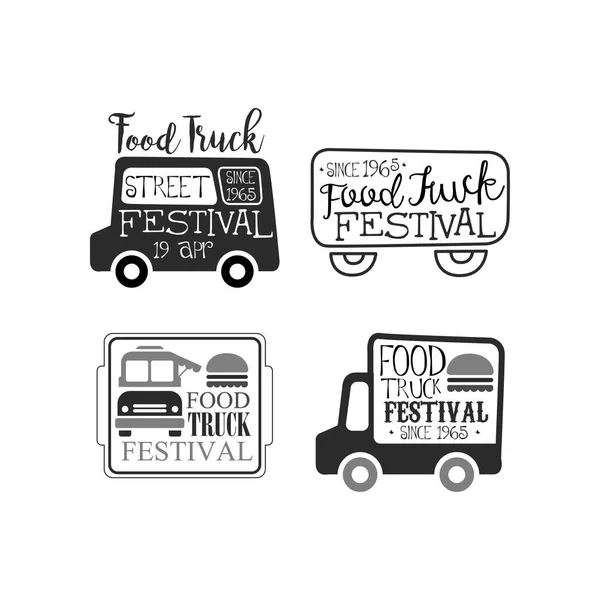 Set vettoriale di emblemi del festival monocromatico food truck. Loghi creativi con furgoni, hamburger e lettering. Caffè su ruote. Fast food di strada — Vettoriale Stock
