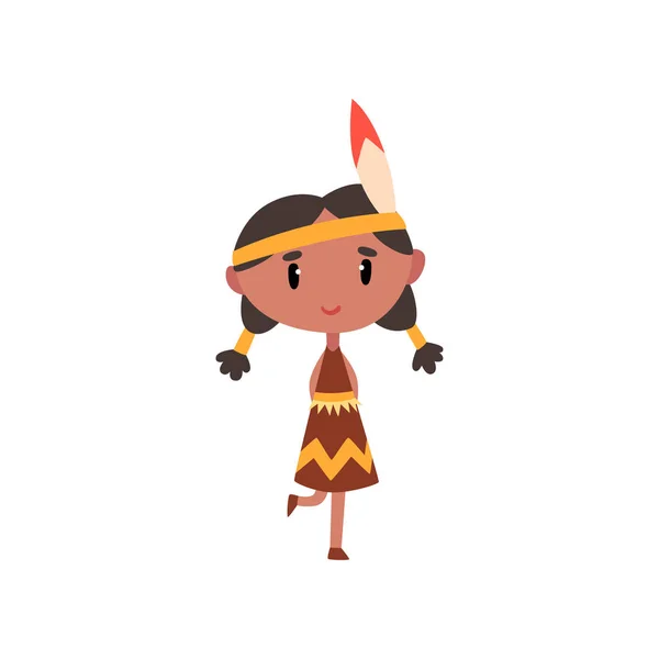 Fille indienne américaine en vêtements nationaux, personnage de dessin animé enfant dans le vecteur de costume traditionnel Illustration sur un fond blanc — Image vectorielle