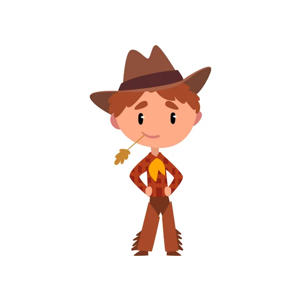 American Cowboy boy em roupas nacionais, personagem de desenho animado criança em traje tradicional vetor Ilustração em um fundo branco —  Vetores de Stock