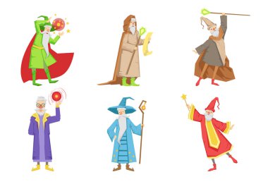 Düz vektör set gri sakallı sihirbazları. Çizgi film eski erkek s sihirli güçleri olan karakter. Mobil oyun veya çocuk kitabı için öğeleri