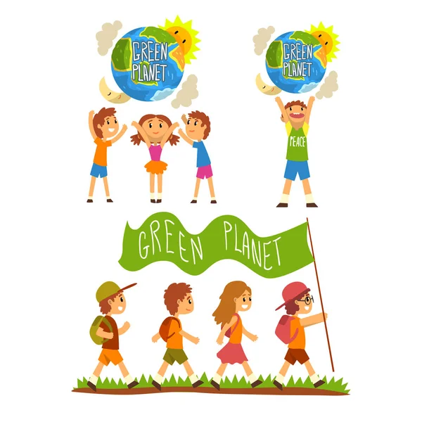 Grüner Planet und Kinder, rette den Planeten, Ökologiekonzept Vektorillustration auf weißem Hintergrund — Stockvektor
