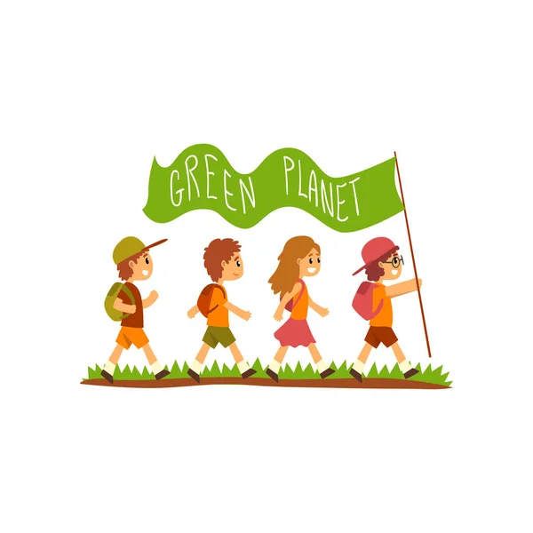 Kinderen met rugzakken uitvoering vlag met de inscriptie groene planeet, sla de planeet, ecologie concept vector illustratie op een witte achtergrond — Stockvector