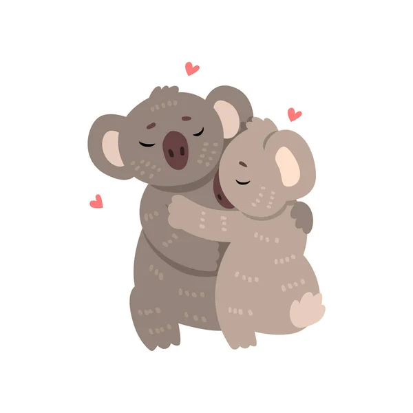 Un par de koalas lindos enamorados abrazándose, dos aniimales felices abrazándose con corazones sobre su vector de cabeza Ilustración sobre un fondo blanco — Vector de stock