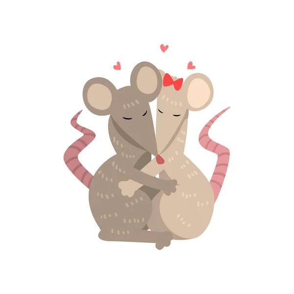 Paar leuke muizen verliefd omhelzen elkaar, twee gelukkige aniimals knuffelen met hart boven hun hoofd vector illustratie op een witte achtergrond — Stockvector