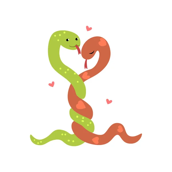 Coppia di simpatici serpenti innamorati che si abbracciano, due felici aniimali che si abbracciano con cuori sopra la testa vettore Illustrazione su uno sfondo bianco — Vettoriale Stock