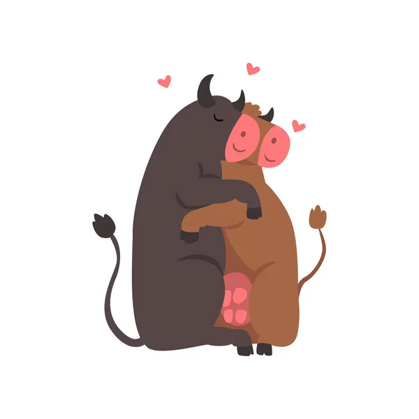 Un par de vacas lindas enamoradas abrazándose, dos aniimales felices abrazándose con corazones sobre su vector de cabeza Ilustración sobre un fondo blanco — Vector de stock