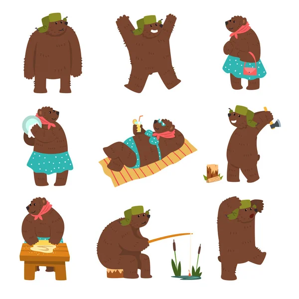 Humanizált medve karakter készlet, férfi és női barna medvék, különböző helyzetekben emberi ruhát visel rajzfilm vektoros illusztráció egy fehér háttér — Stock Vector