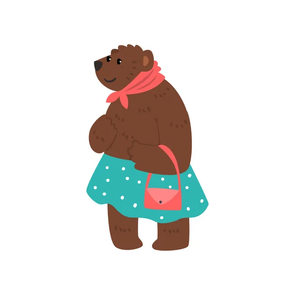 Personagem de urso feminino humanizado vestido com roupas humanas em pé com saco de desenho animado vetor Ilustração em um fundo branco — Vetor de Stock