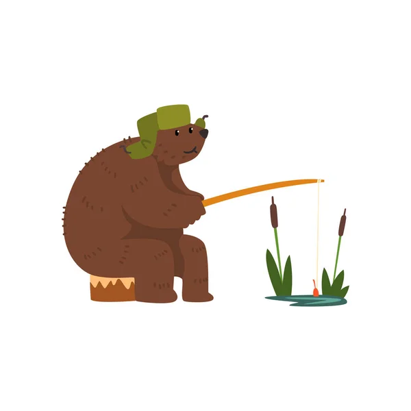 Vermenschlichte männliche Bärenfigur beim Fangen von Fischen mit Rute Cartoon-Vektor-Illustration auf weißem Hintergrund — Stockvektor