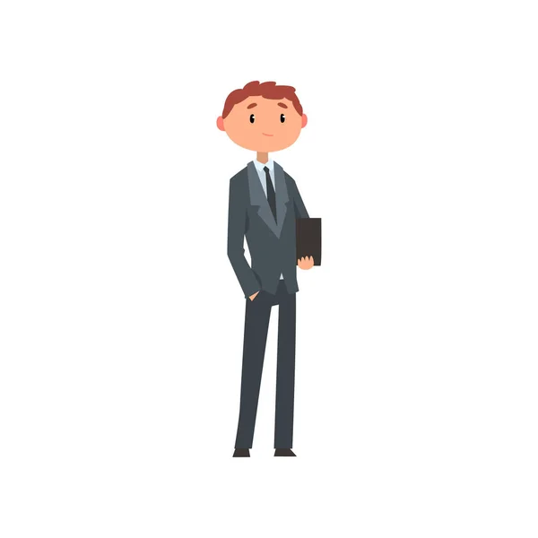 Young man in business suit with briefcase cartoon vector Illustration on a white background. — Stock Vector
