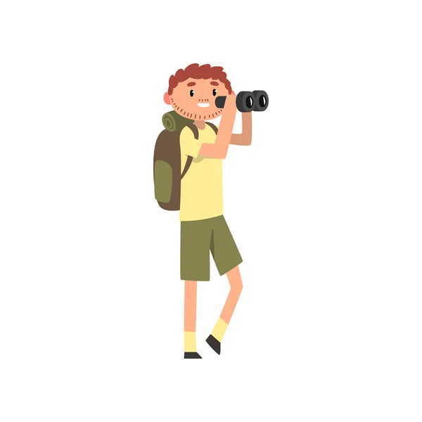Ung manlig fotograf tar ett foto med kameran, turist med ryggsäck tecknade vektor Illustration på vit bakgrund — Stock vektor